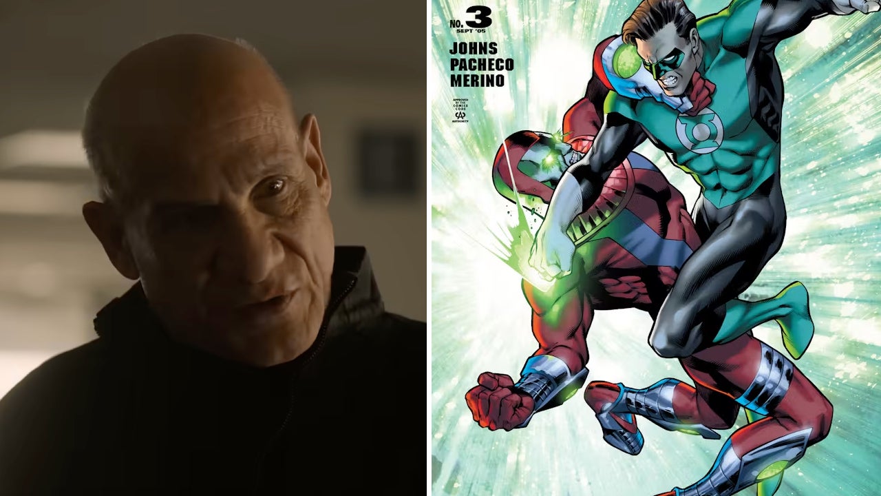 Antaan en Lanterns junto a una referencia del cómic sobre los Manhunters
